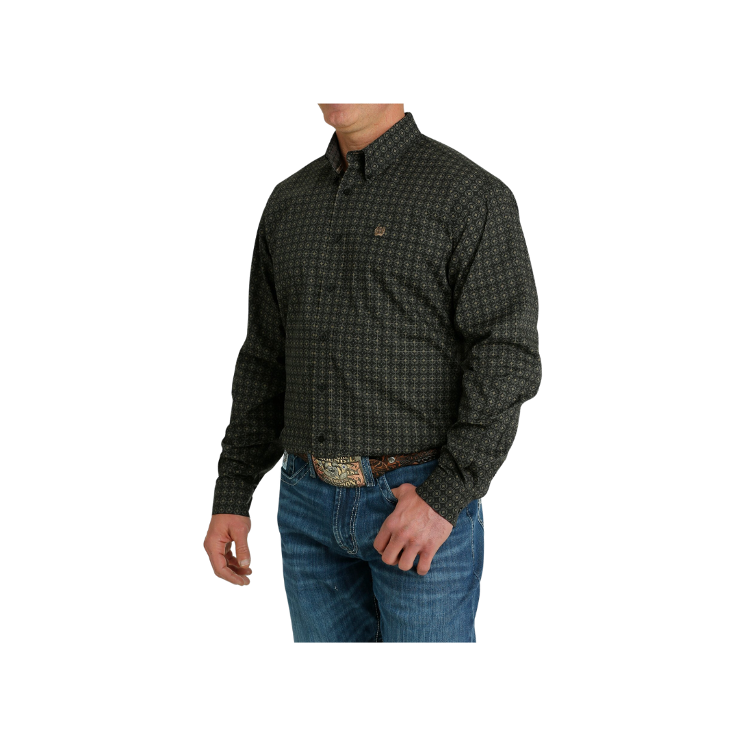 Cinch Men's Medallion Print Button Down Western Olive Black Shirt