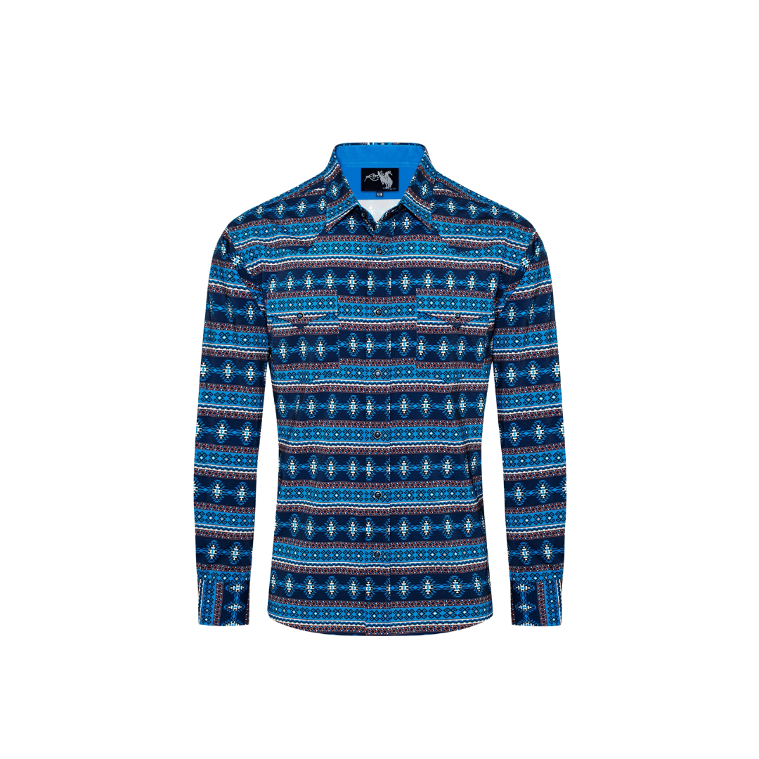 Avalon Men's Western Print Pearl Snap Aztec Blue Shirt