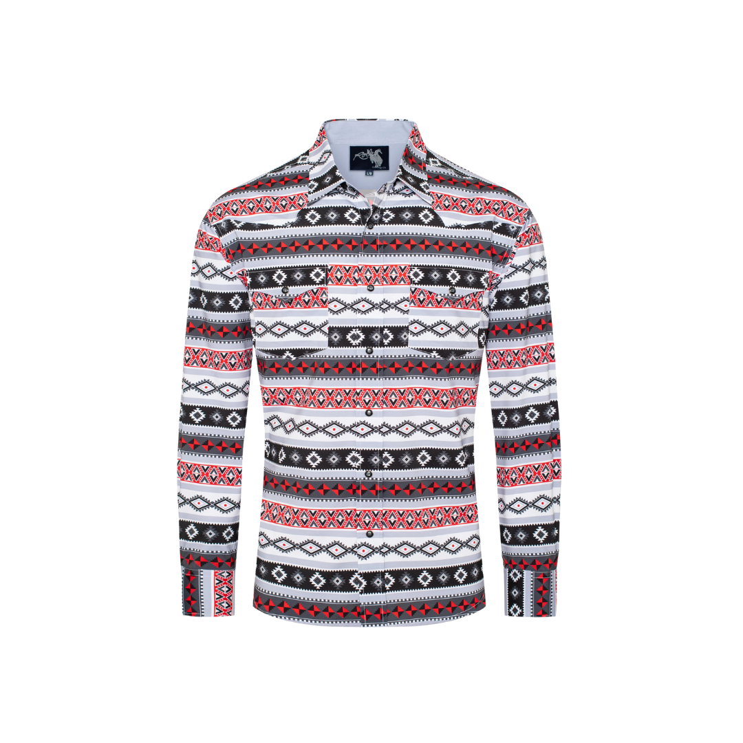 Avalon Men's Western Print Pearl Snap Aztec Grey Shirt