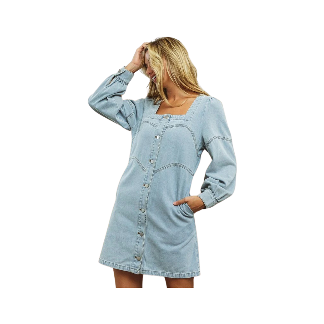 Bibi Women's Square Neck Button Front Washed Denim Dress