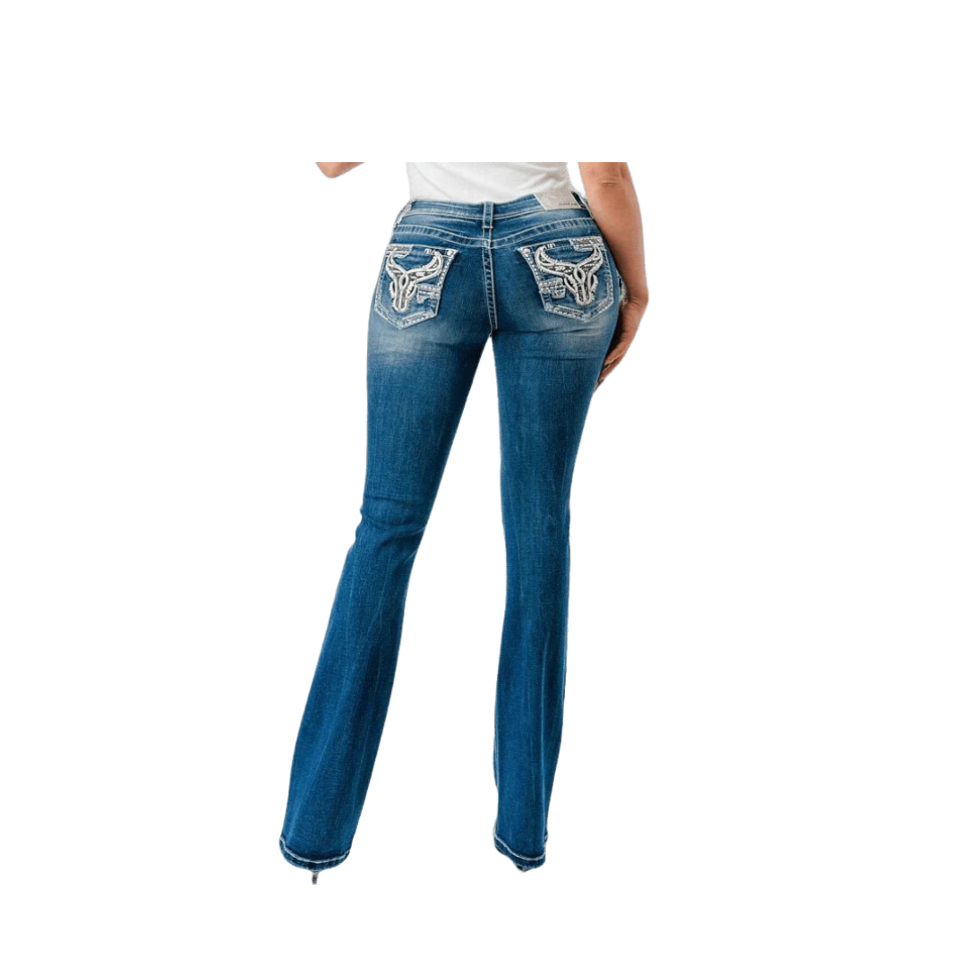 Grace In La Women's Steer Head Mid Rise Bootcut Jeans