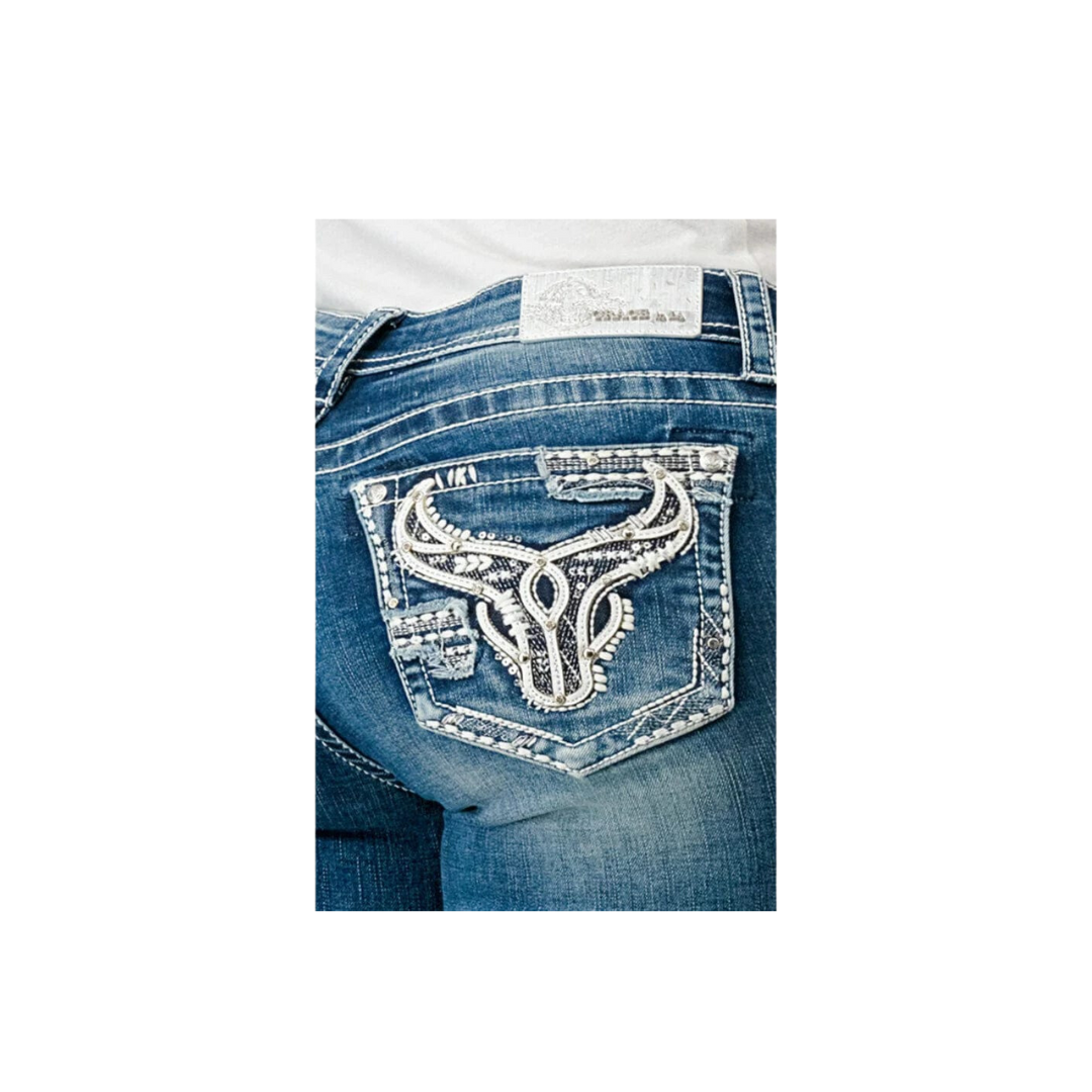 Grace In La Women's Steer Head Mid Rise Bootcut Jeans