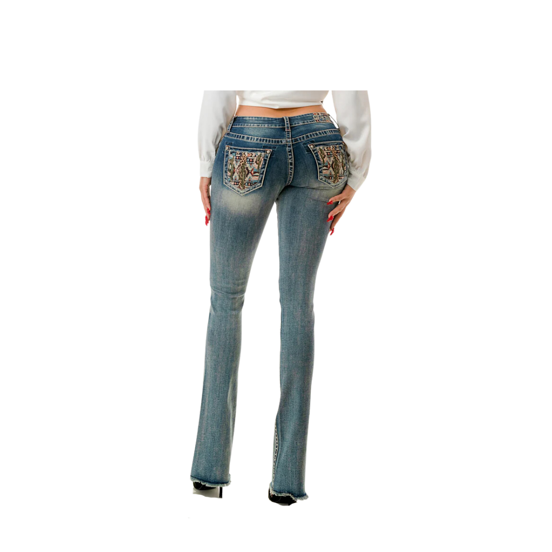 Grace Women's Multiple Colorful Embroidery Mid Rise Bootcut Jeans