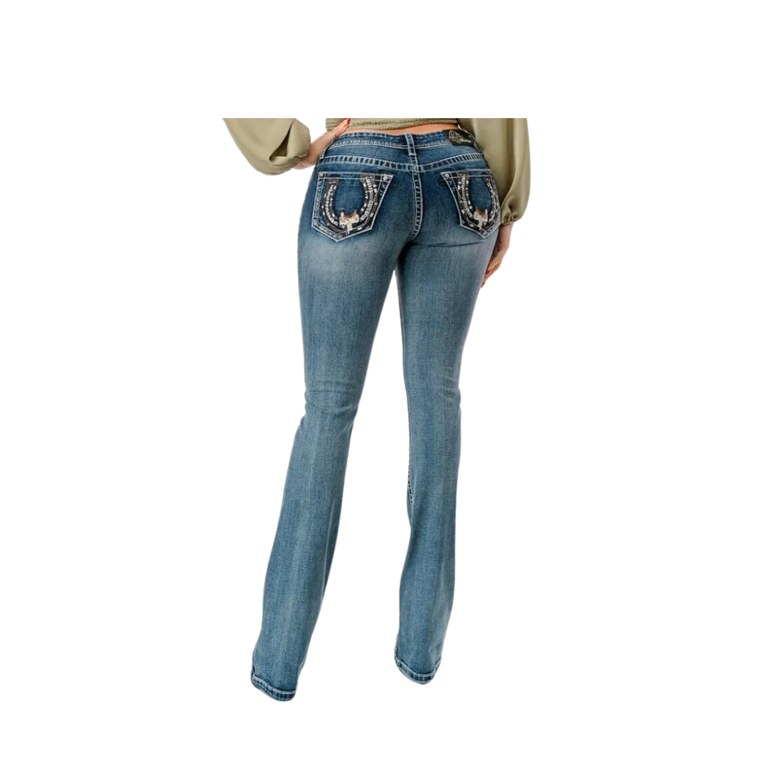 Grace in La Women's Western Horseshoe Saddle Embroidered Bootcut Stretch Jeans