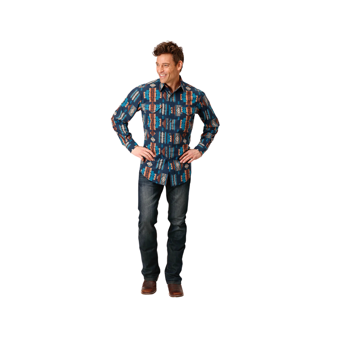 Roper Men's Navy Aztec Stripe Shirt