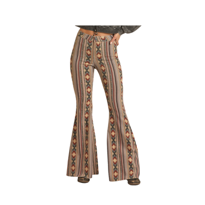 Panhandle Slim Women's High Rise Tan Aztec Bell Bottom Jeans The