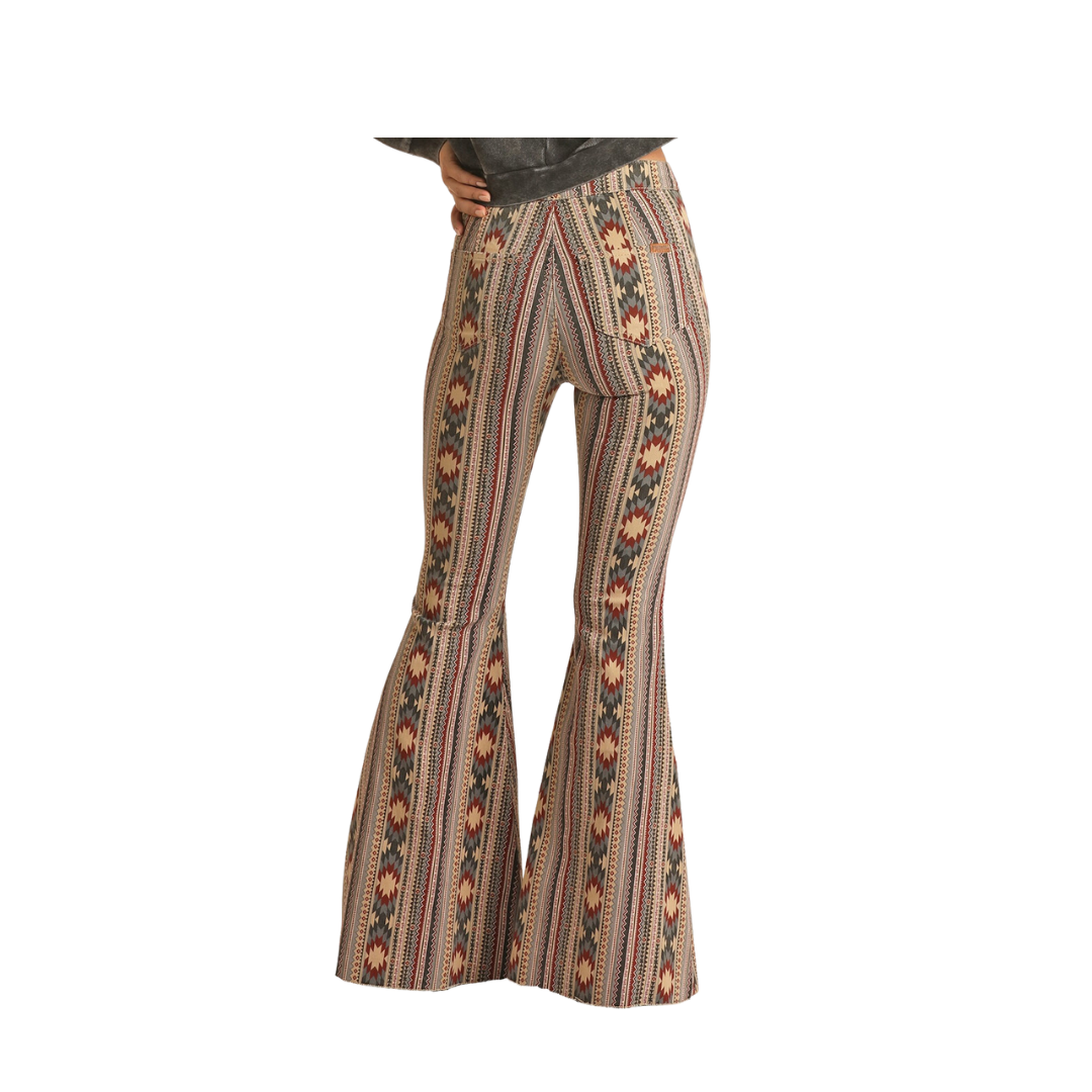 Panhandle Slim Women's High Rise Stretch Tan Aztec Bell Bottom Jeans