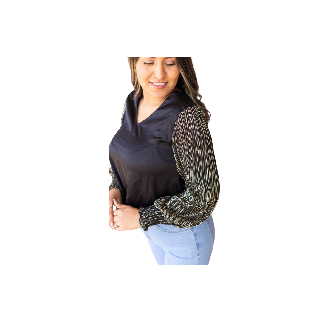 Southern Grace Women's Glamour Gaze With Shimmer Sleeves Black Top