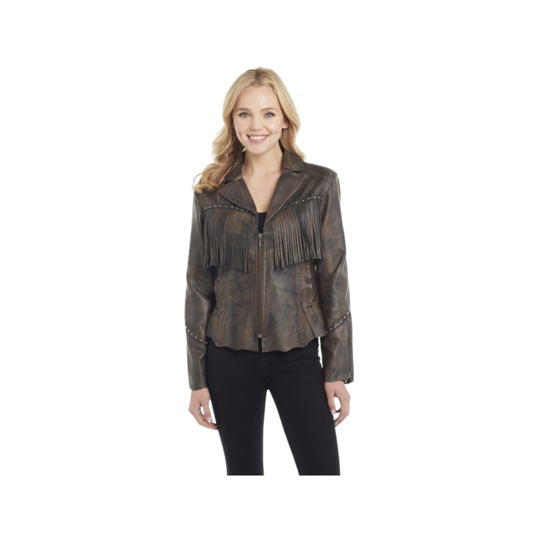 Cripple Creek Women's Nappa Lambskin Fringe Chestnut Jacket