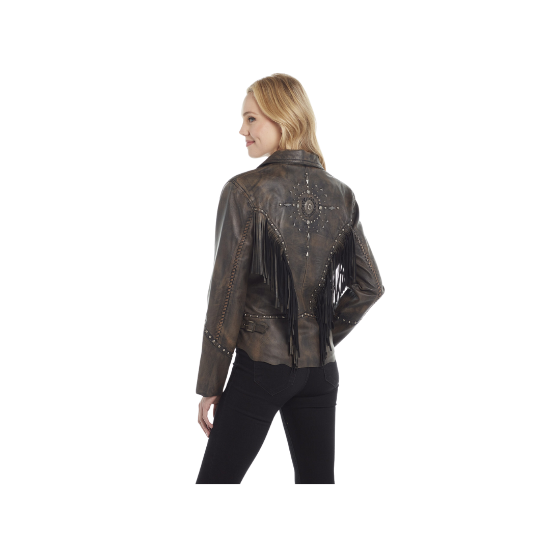 Cripple Creek Women's Nappa Lambskin Fringe Chestnut Jacket