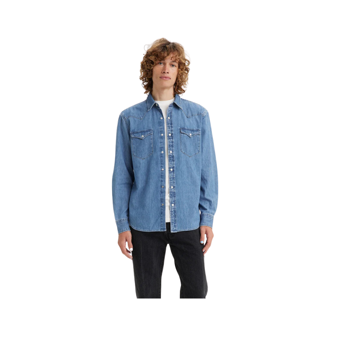 Levi Strauss Men's Classic Western Standard Fit Indigo Stone Wash Blue Shirt