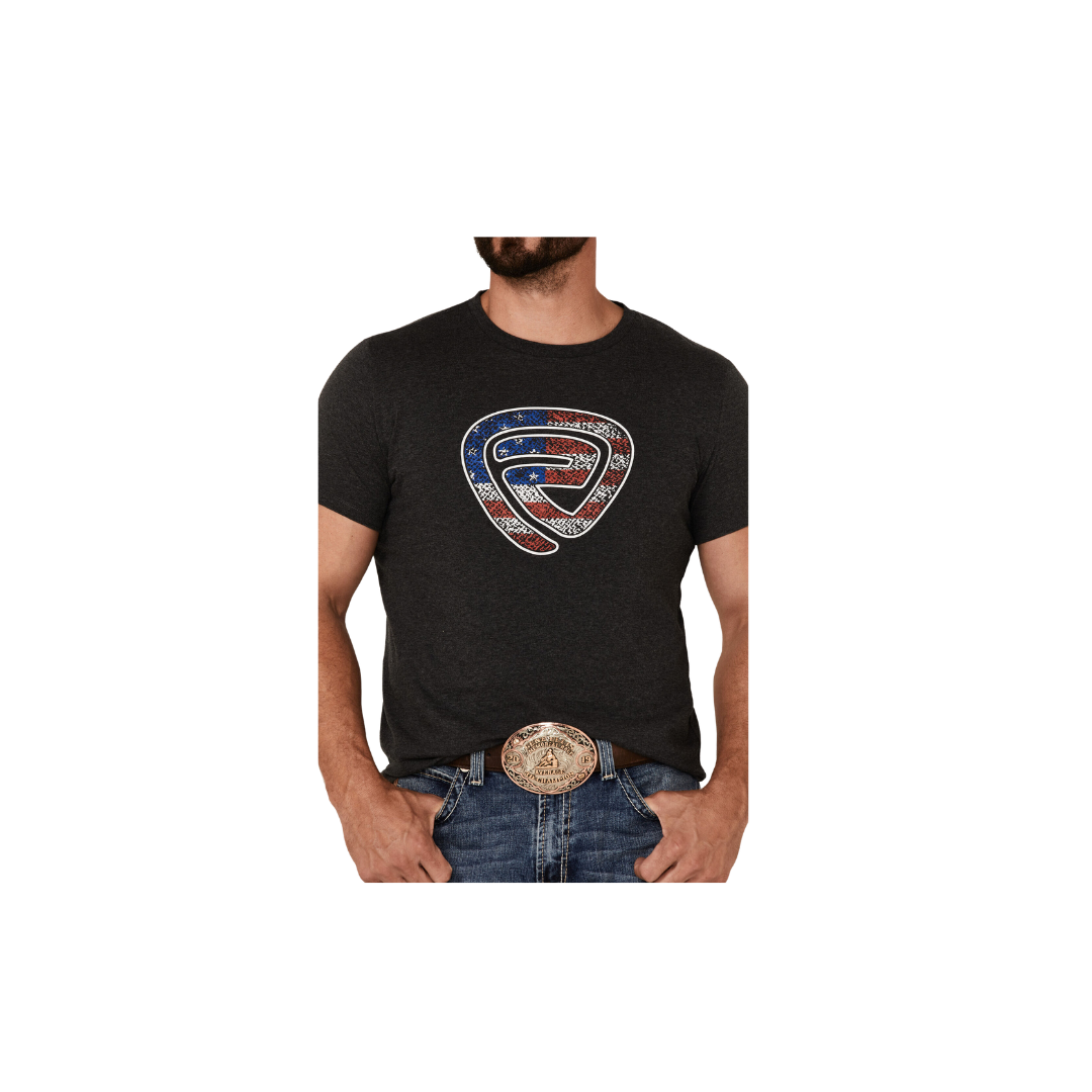 Panhandle Slim Men's Rock Roll Denim Patriotic Logo Short Sleeve Charcoal Shirt
