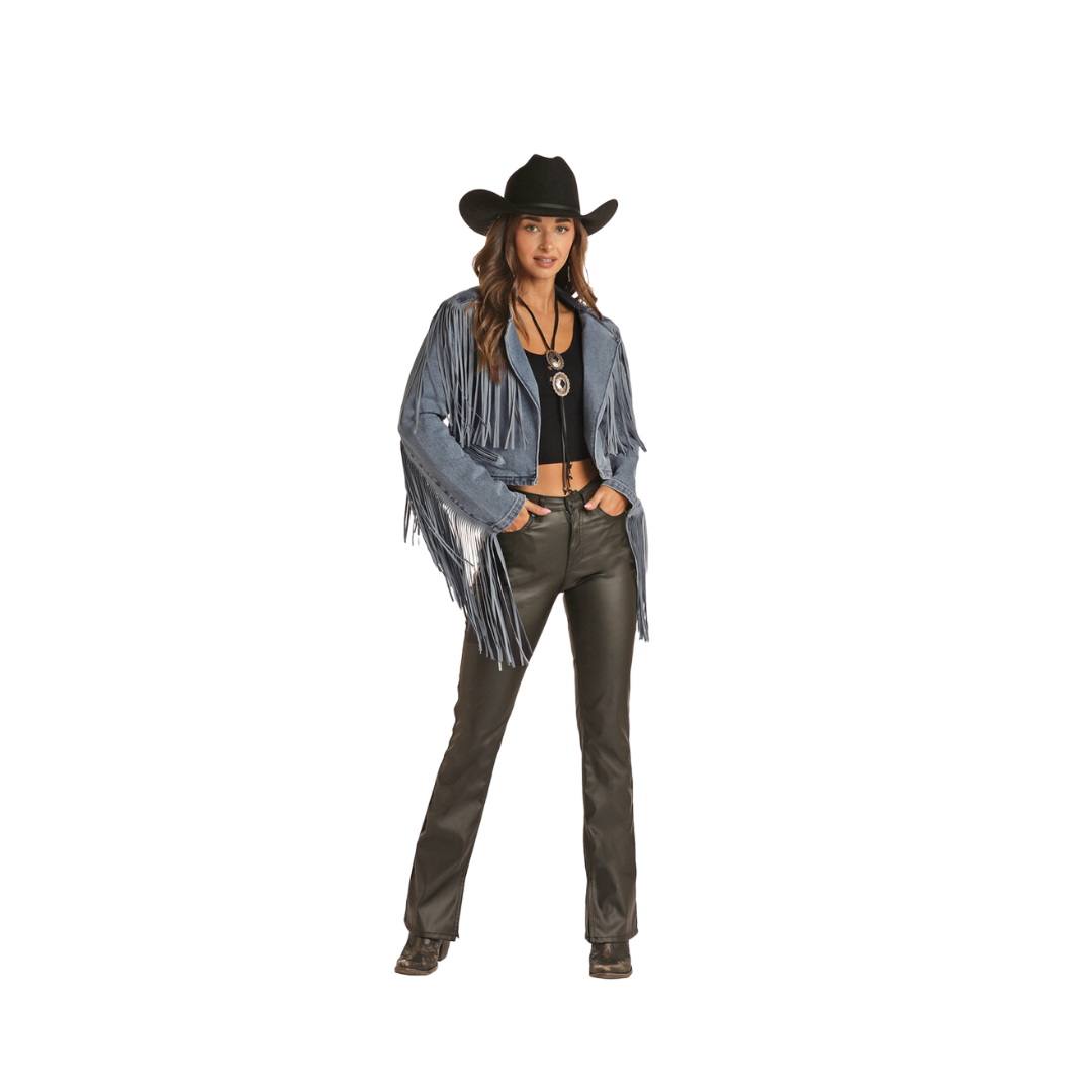 Panhandle Women's Rock Roll Cowgirl Cropped Western Fringe Denim Blazer Jacket