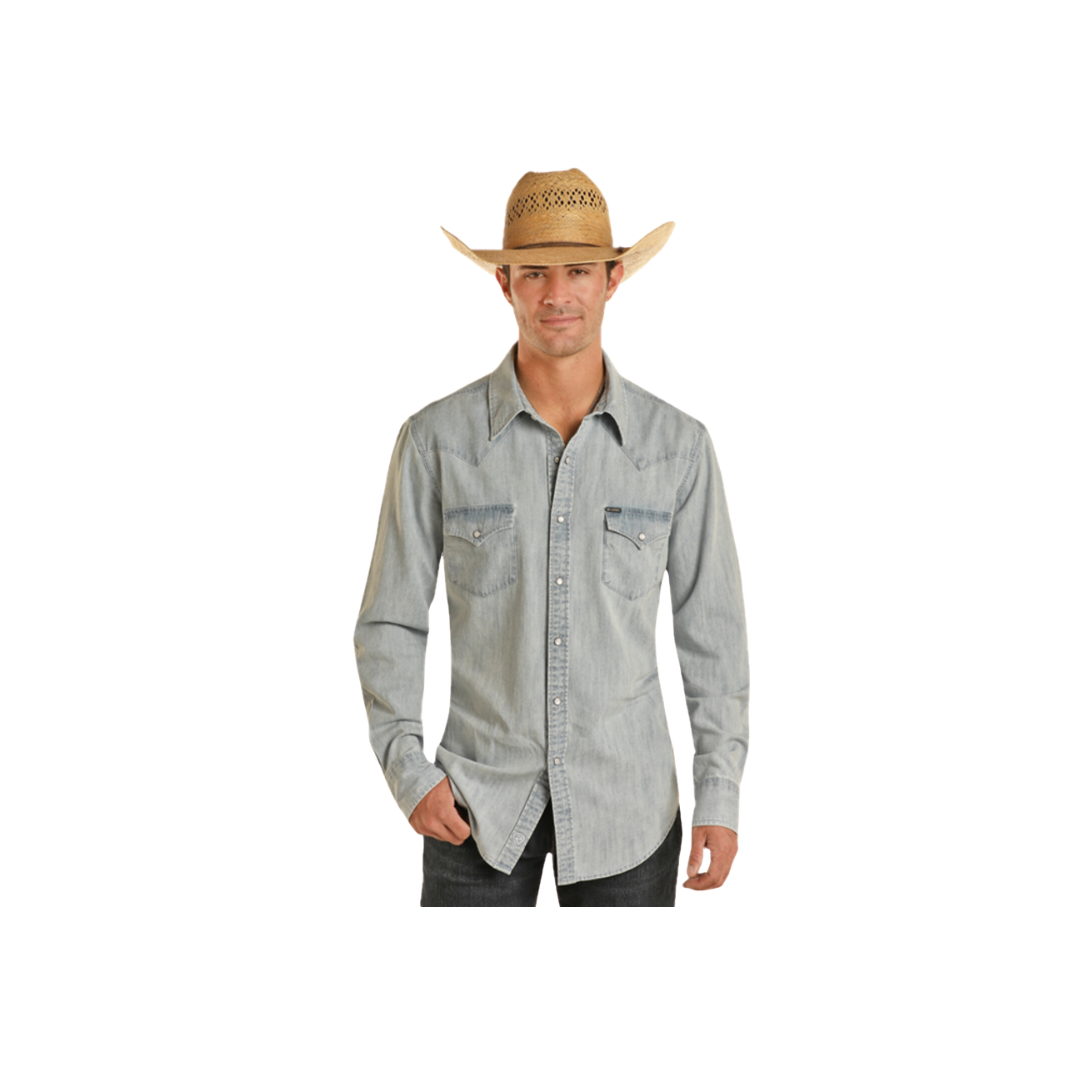 Panhandle Slim Men's Light Denim Solid Snap Blue Shirt