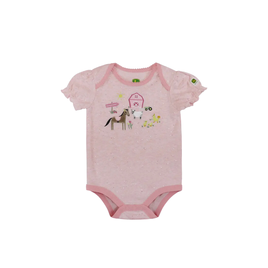 John Deere Kid's Farmyard Soft Heather Glitter Pink Bodyshirt