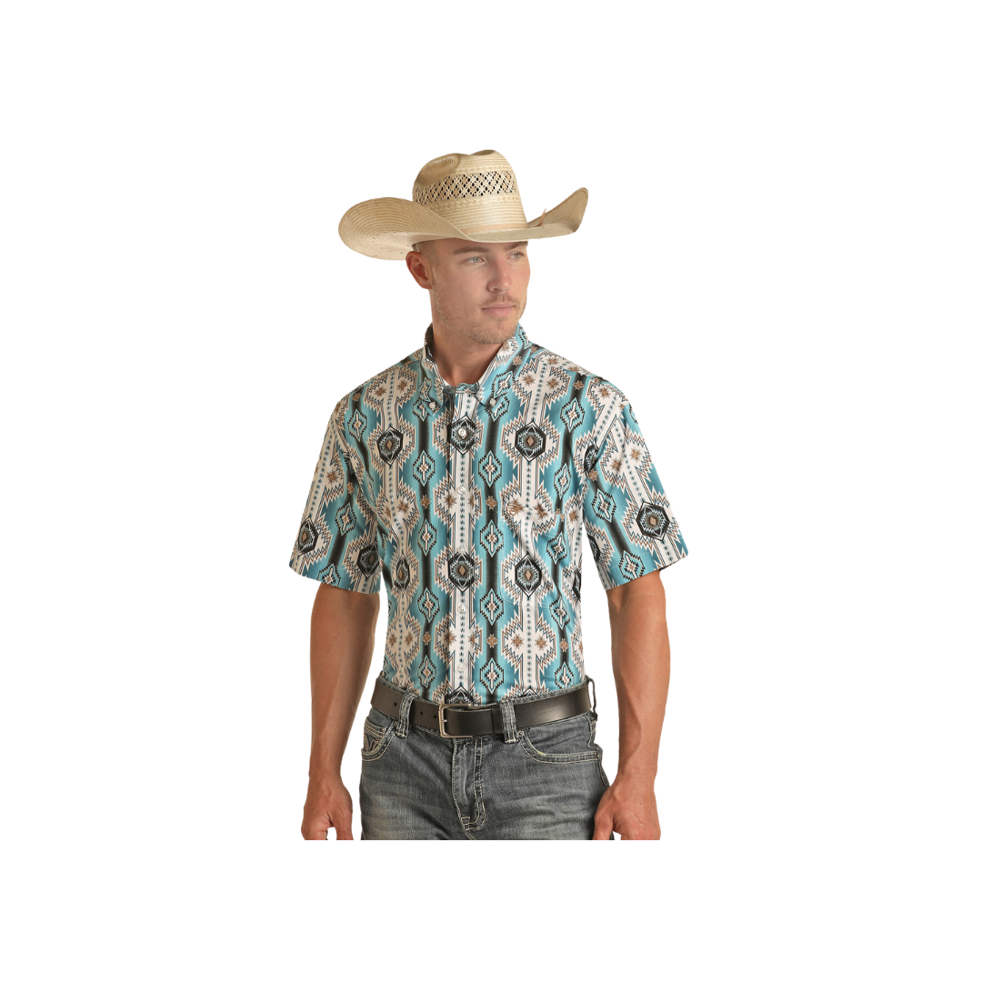 Panhandle Slim Men's Aztec Print Short Sleeve Button Turquoise Shirt