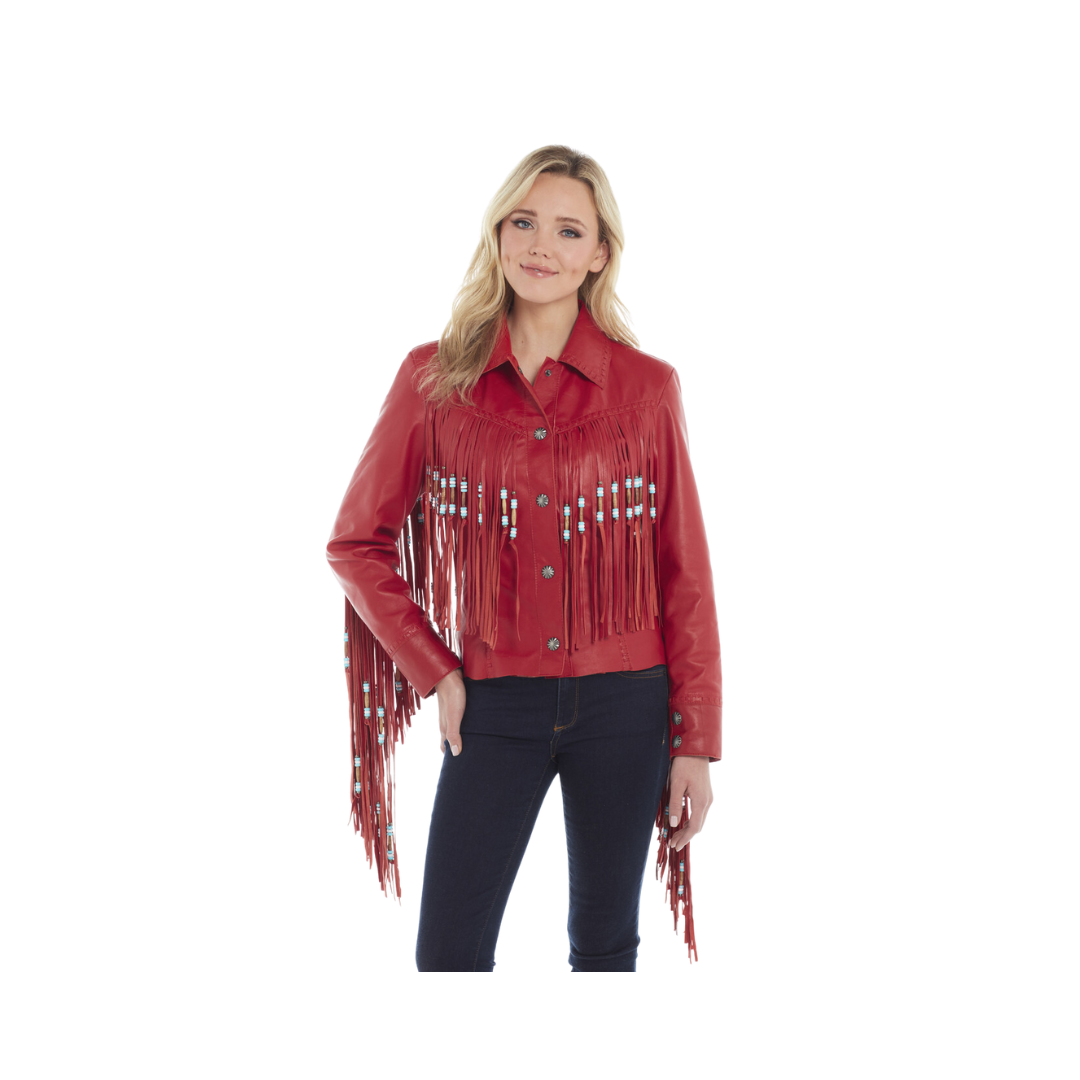 Sidran Women's Hand Laced Snap Front Nappa Beading And Bone Pipe Fringe Accents Cardinal Jacket