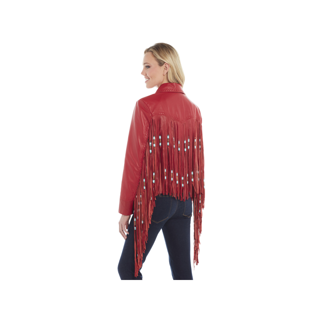 Sidran Women's Hand Laced Snap Front Nappa Beading And Bone Pipe Fringe Accents Cardinal Jacket