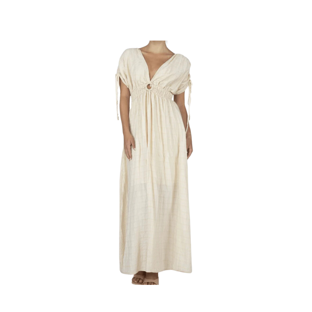 Miss Me Women's Flowy Maxi Smocked Waist Tassels Cream Dress