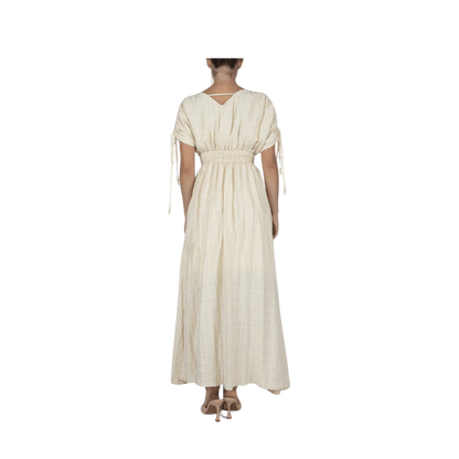 flowy cream dress SHEIN BAE White Round Neck Ruched A-Line Dress, Elegant Modest Bridesmaid Gown, Fitted Bodycon Dress, Summer Dresses For Women, Party the Percy Strapless Lace Maxi Dress features textured ruffles Madeline Cream Dress | Dresses