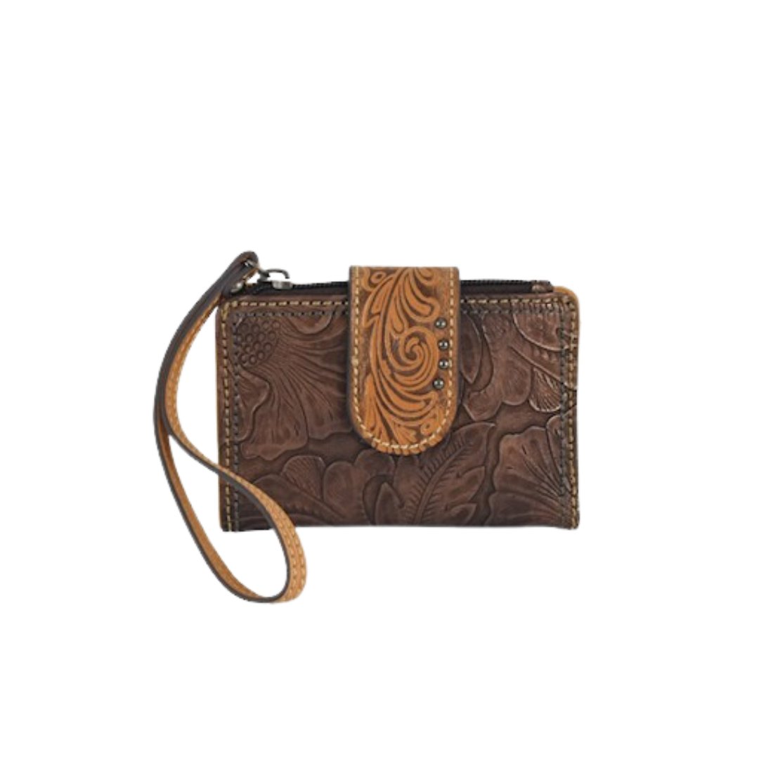 Tony Lama Women's Bronzed Floral Wristlet Brown Wallet