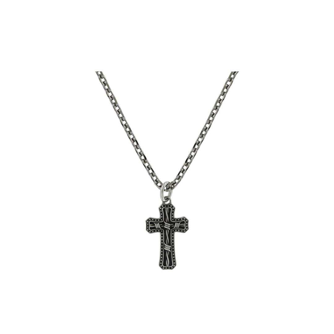 Montana Antiqued Stainless Barbed Wire Cross Necklace