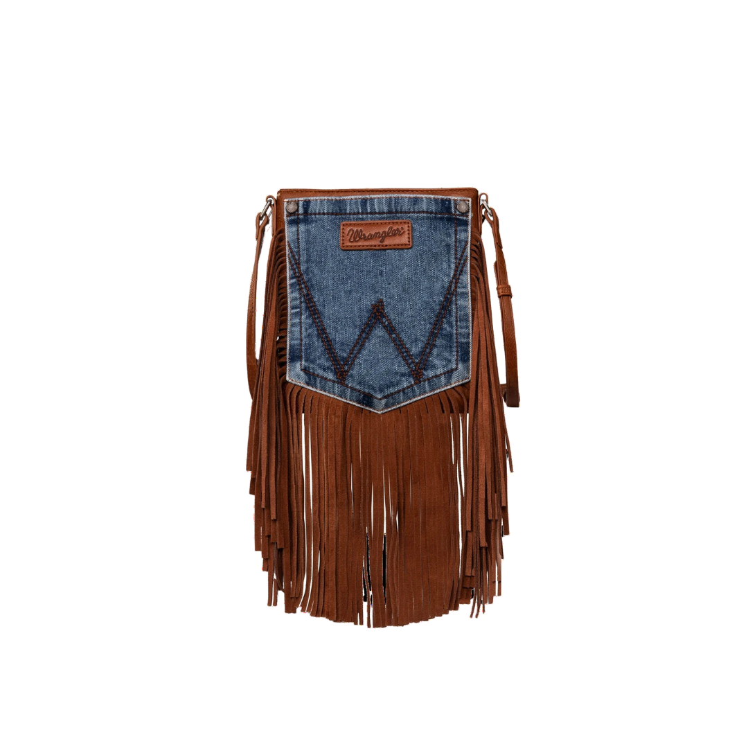Wrangler Women's Leather Fringe Denim Brown Crossbody Bag