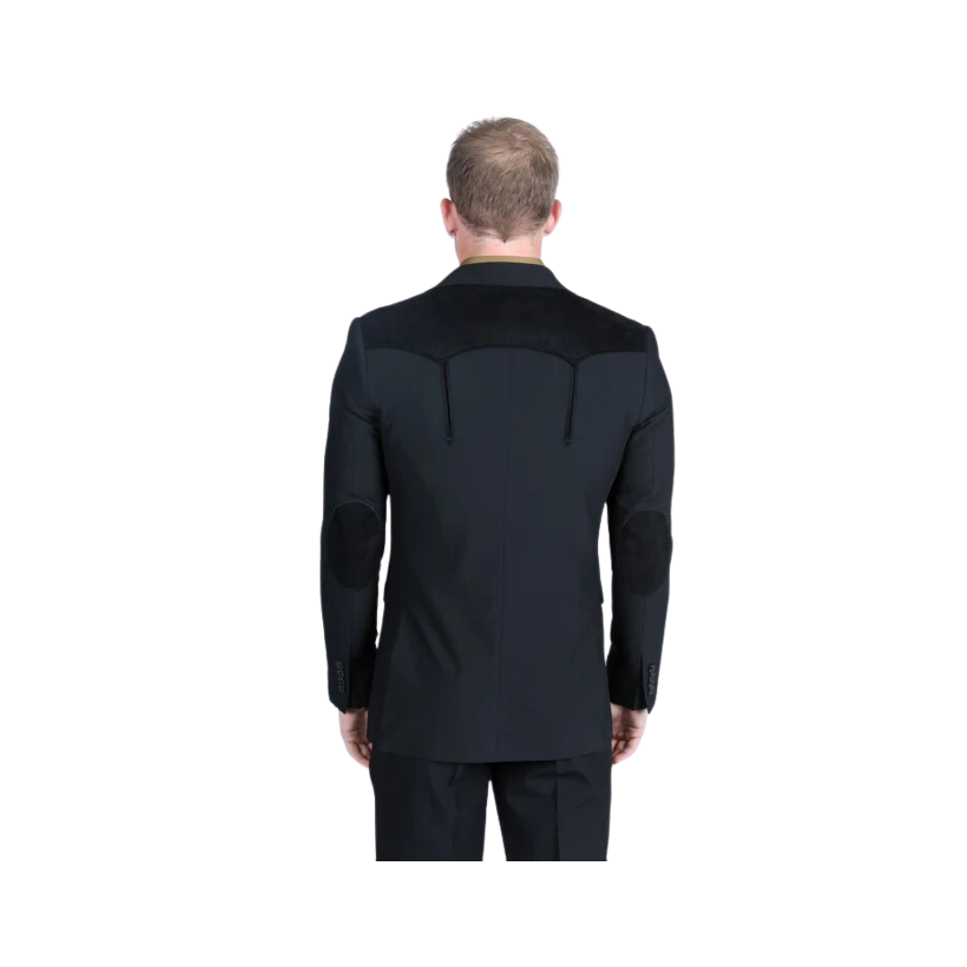Platini Men's Western Suit With Suede Yokes And Elbow Patches Black Sport Coat