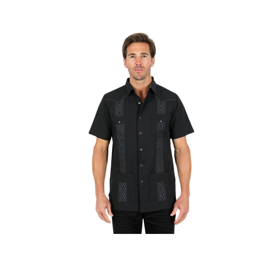 Platini Men's Modern Guayabera Black Shirt