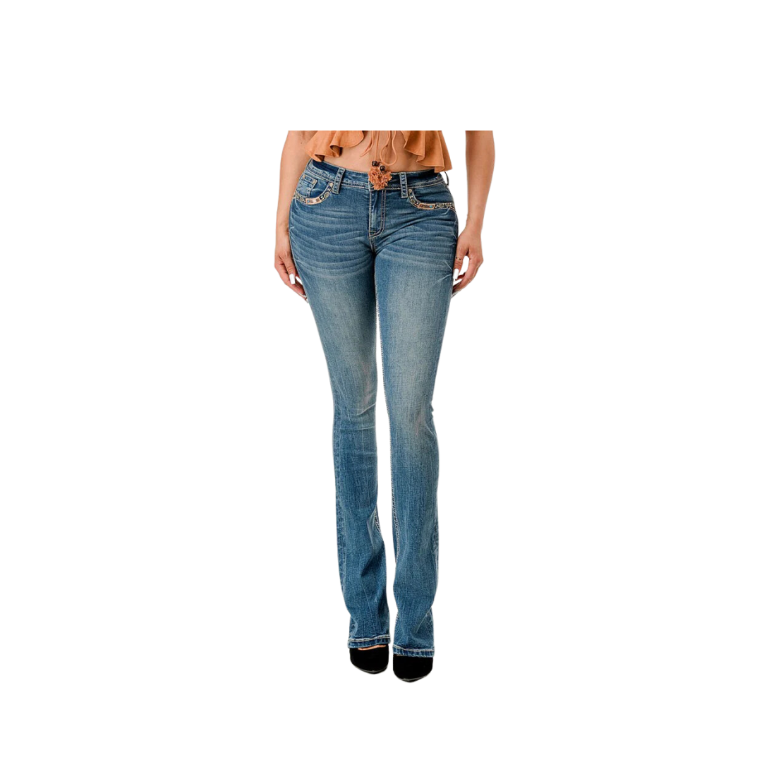 Grace In La Women's Horseshoe Hat Western Motif Easy Bootcut Medium Blue Jeans