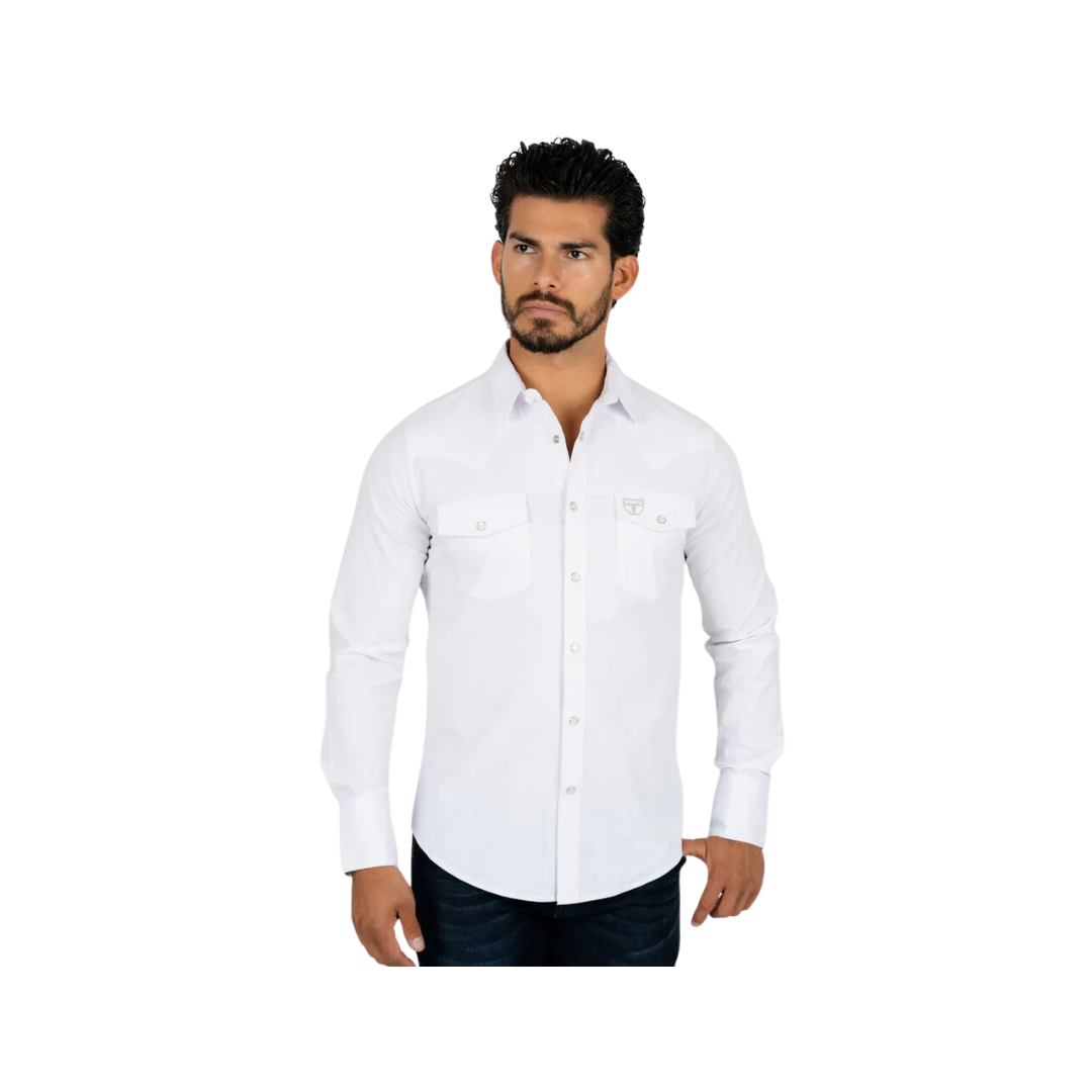 Platini Men's Western Snap Solid Dress White Shirt