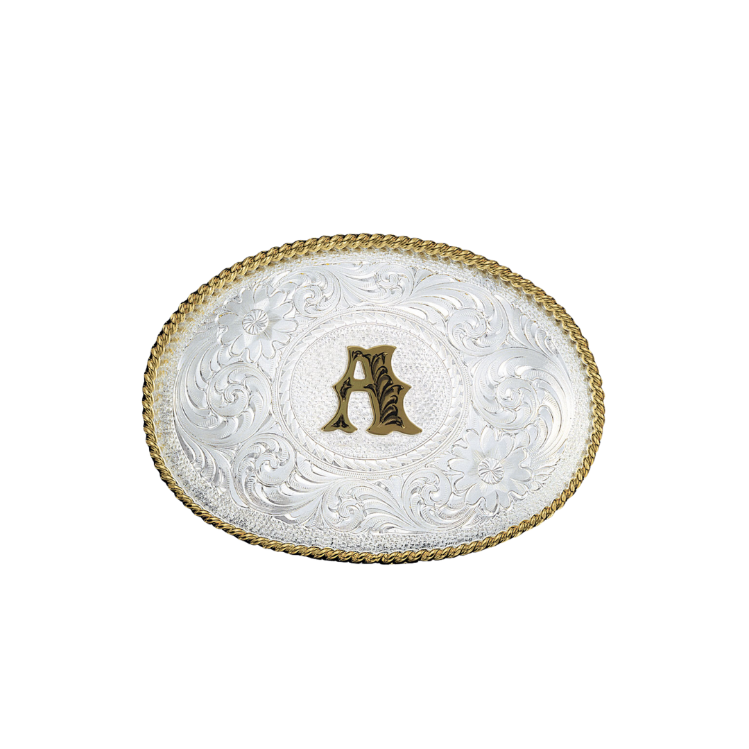 Montana Men's Initial Silver Engraved Gold Trim Western Belt Buckle