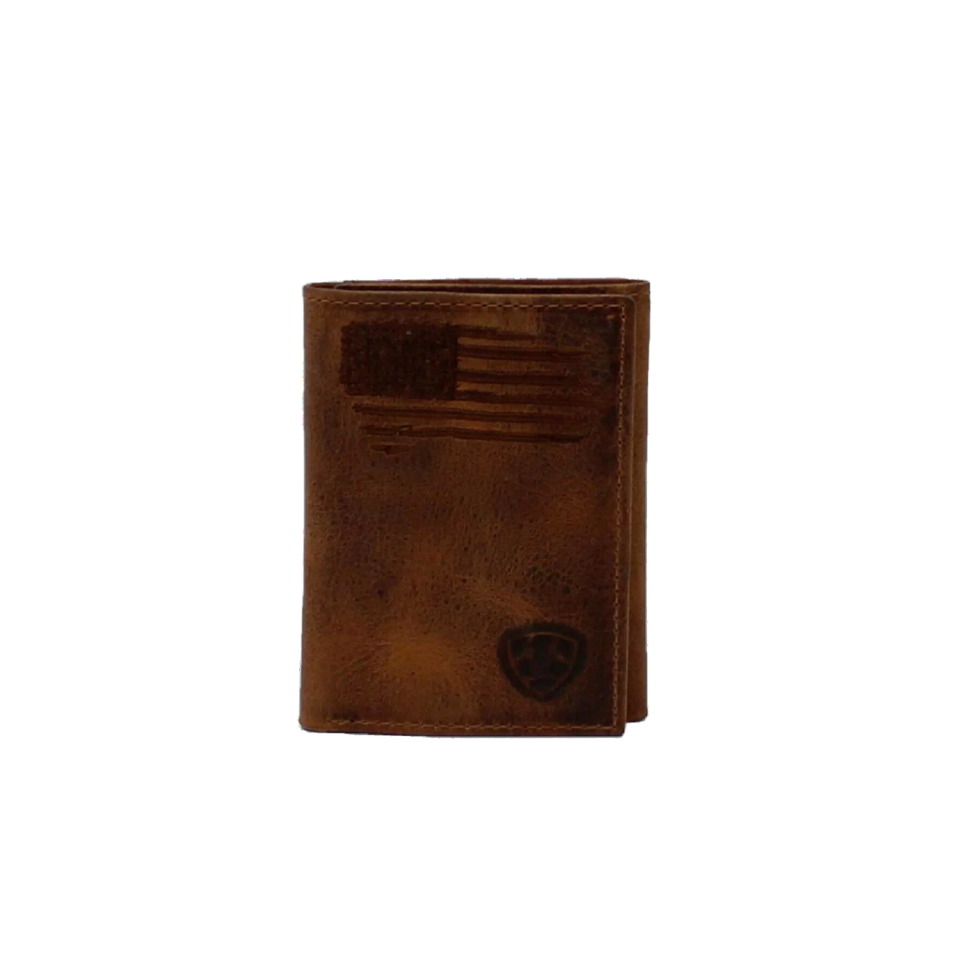 Ariat Men's Distressed Usa Flag Tri Fold Brown Wallet