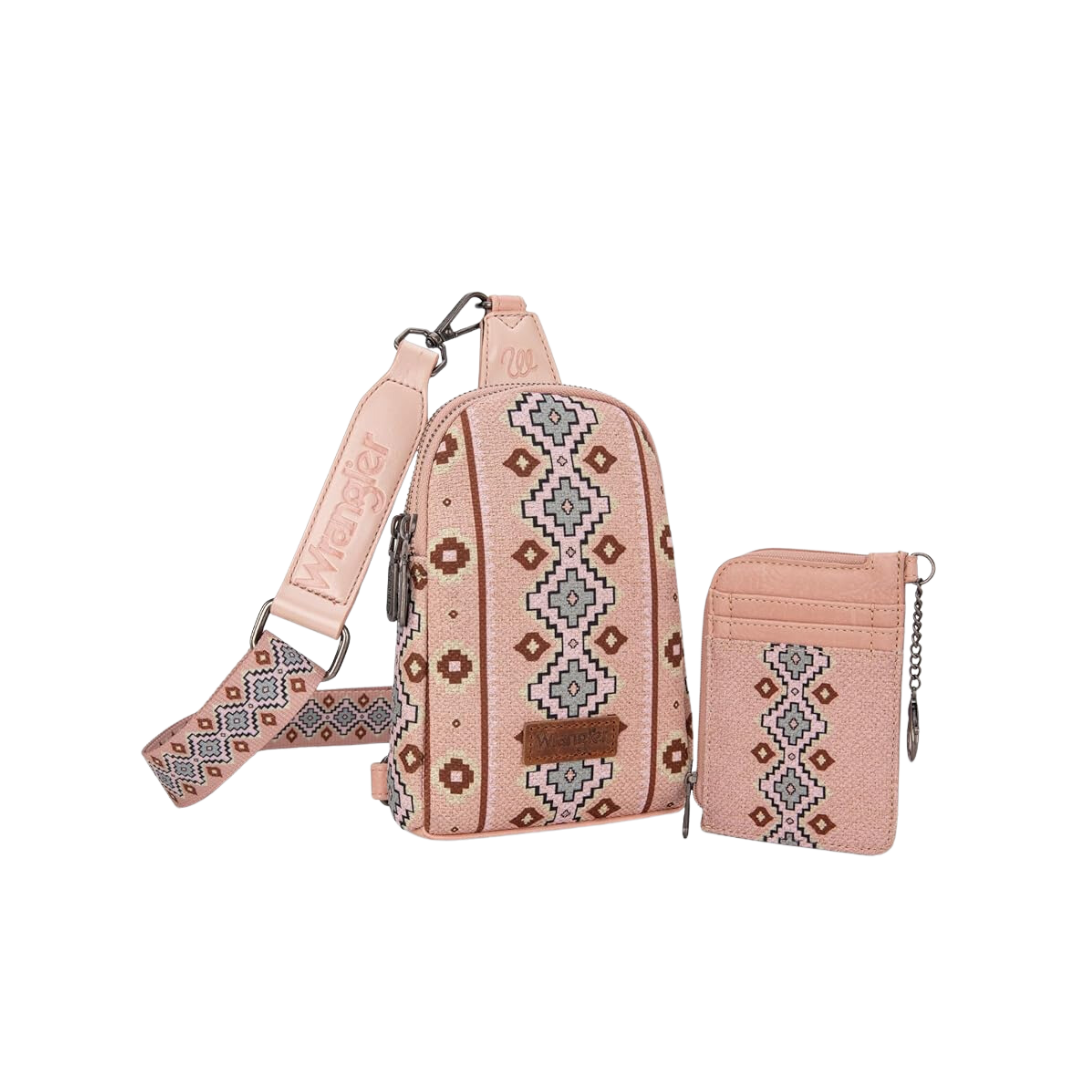 Wrangler Women's Aztec Print Sling Chest Bag With Zip Card Holder Set Pink Crossbody