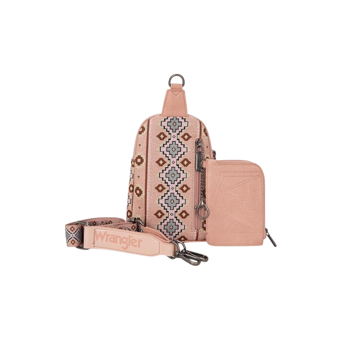 Wrangler Women's Aztec Print Sling Chest Bag With Zip Card Holder Set Pink Crossbody