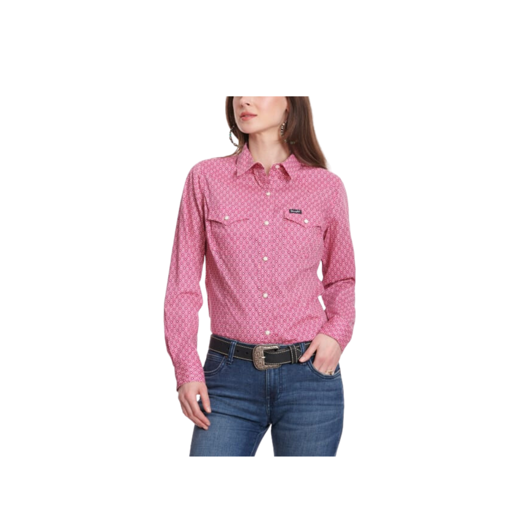 Wrangler Women's Print Long Sleeve Western Dark Pink & White Geo Purple Shirt