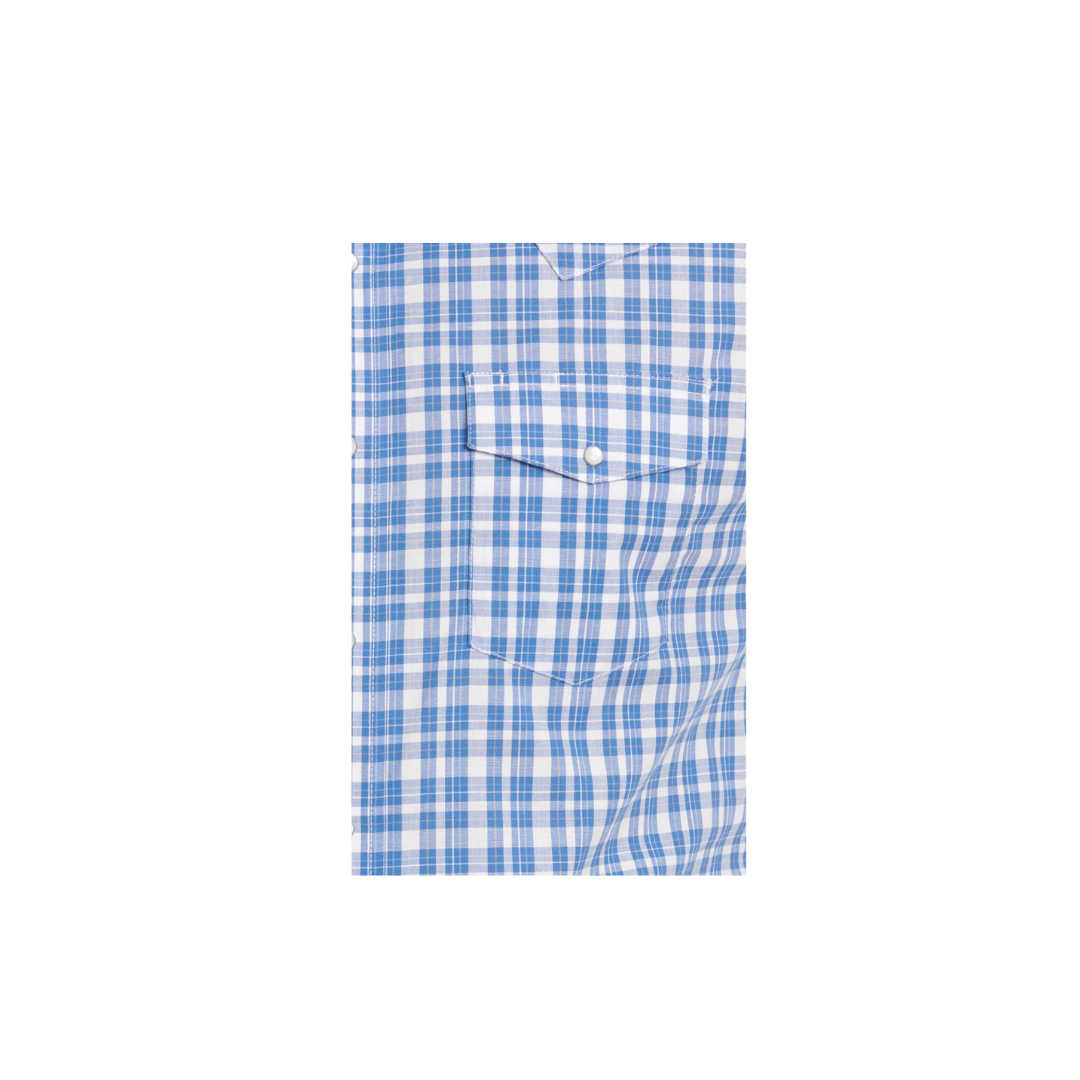 Wrangler Men's Plaid Relaxed Fit Short Sleeve Western White Bluebonnet Blue Shirt