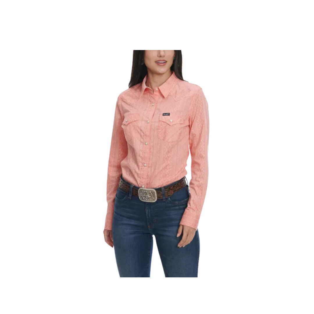 Wrangler Women's Retro Rich Aztec Print Stripe Long Sleeve Western Melon White Peach Shirt