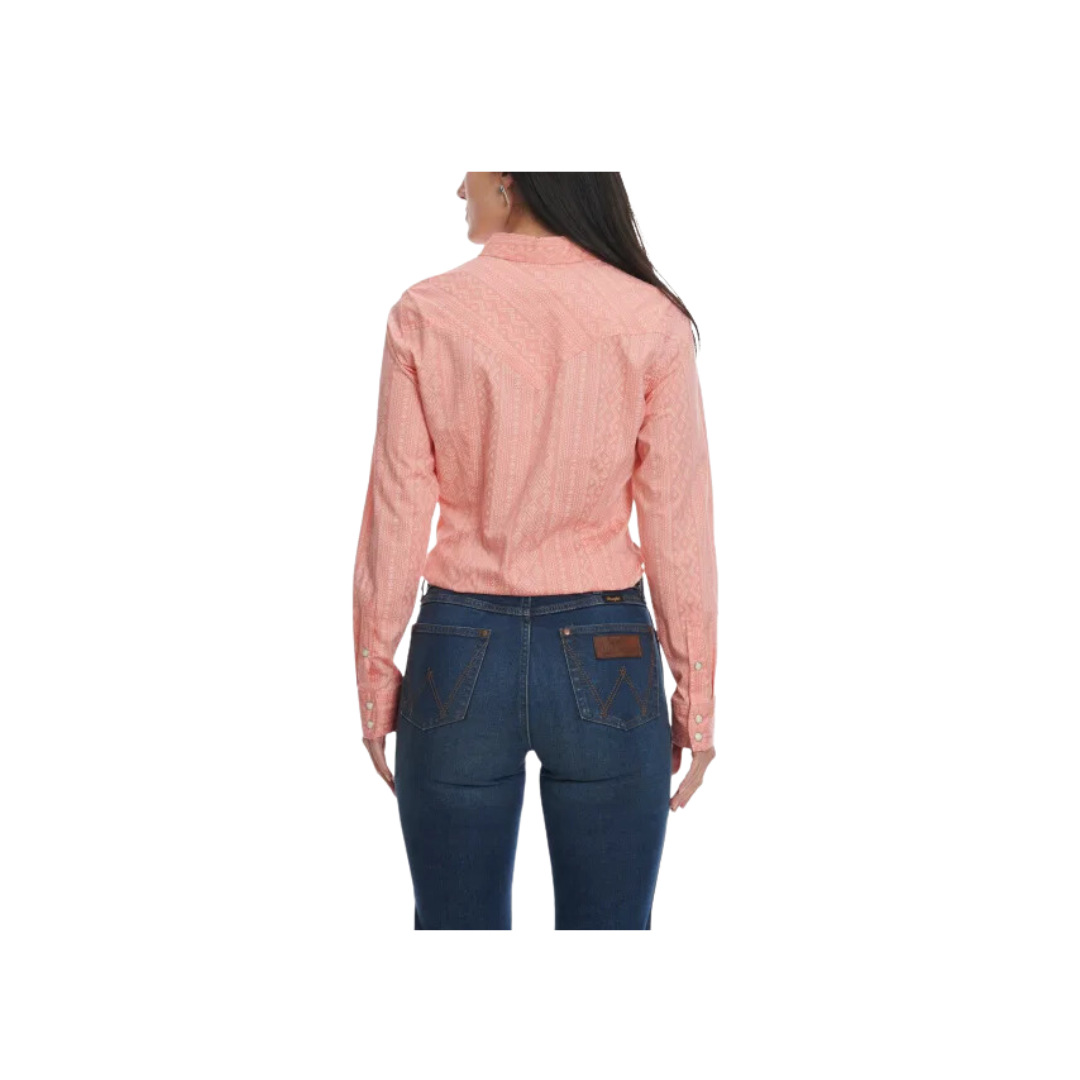 Wrangler Women's Retro Rich Aztec Print Stripe Long Sleeve Western Melon White Peach Shirt