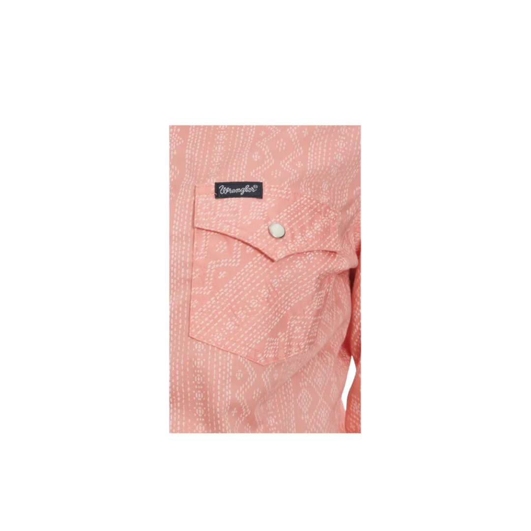 Wrangler Women's Retro Rich Aztec Print Stripe Long Sleeve Western Melon White Peach Shirt