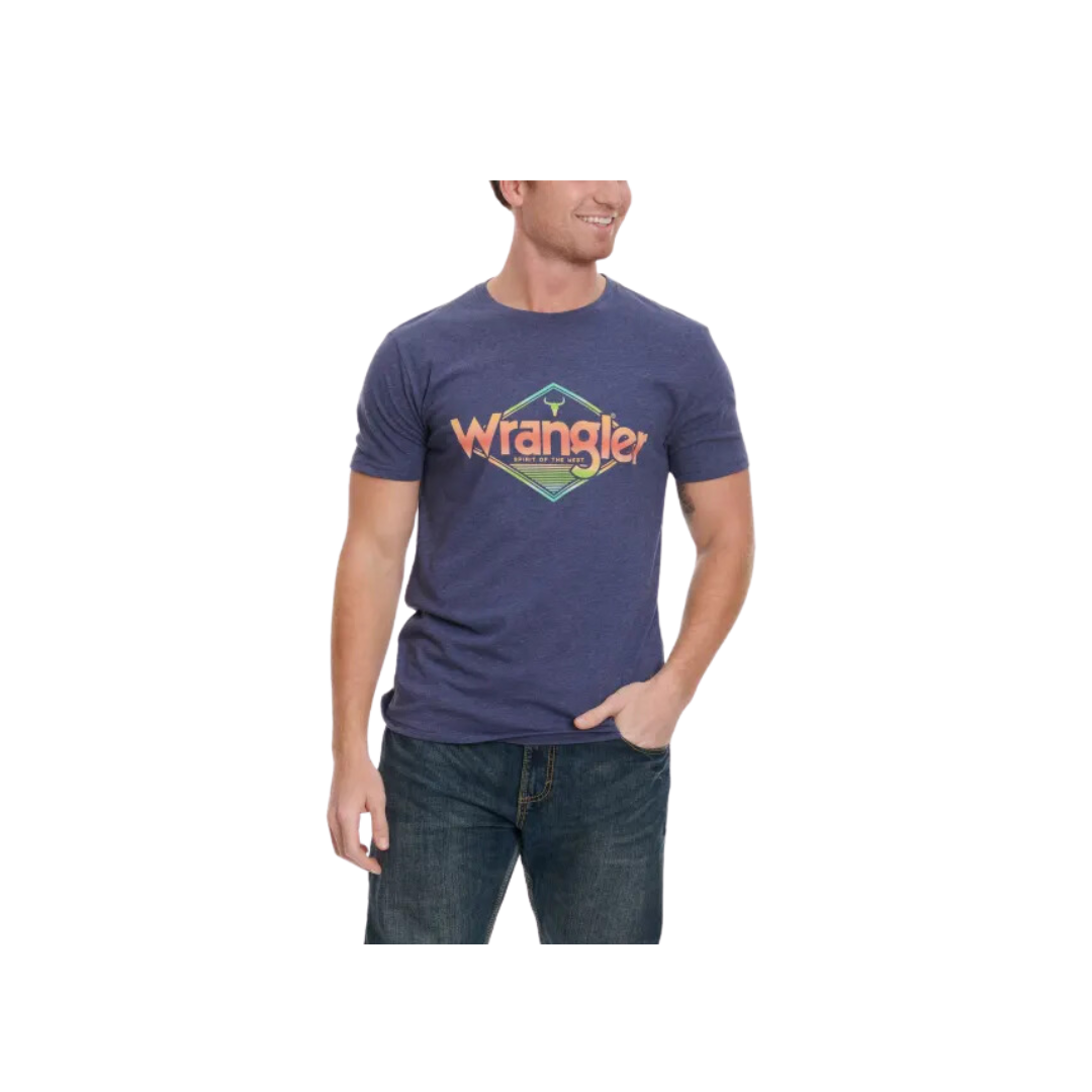 Wrangler Men's Sunrise Logo Graphic Short Sleeve Tangerine Denim Blue T Shirt