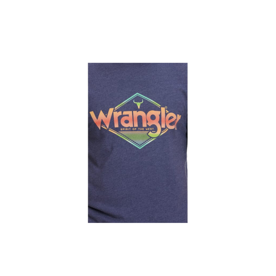 Wrangler Men's Sunrise Logo Graphic Short Sleeve Tangerine Denim Blue T Shirt