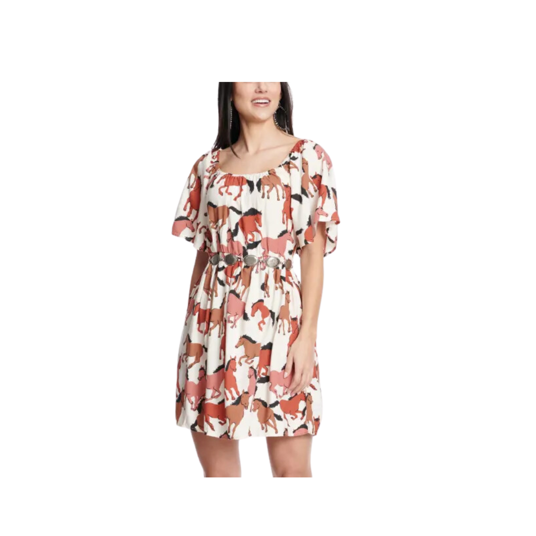 Wrangler Women's Retro Cream Horses Print Short Flutter Sleeve Brown Dress