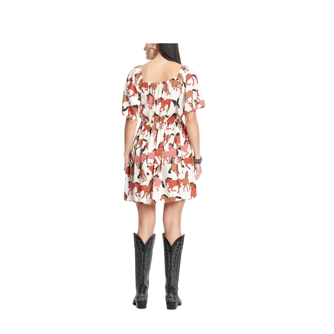 Wrangler Women's Retro Cream Horses Print Short Flutter Sleeve Brown Dress