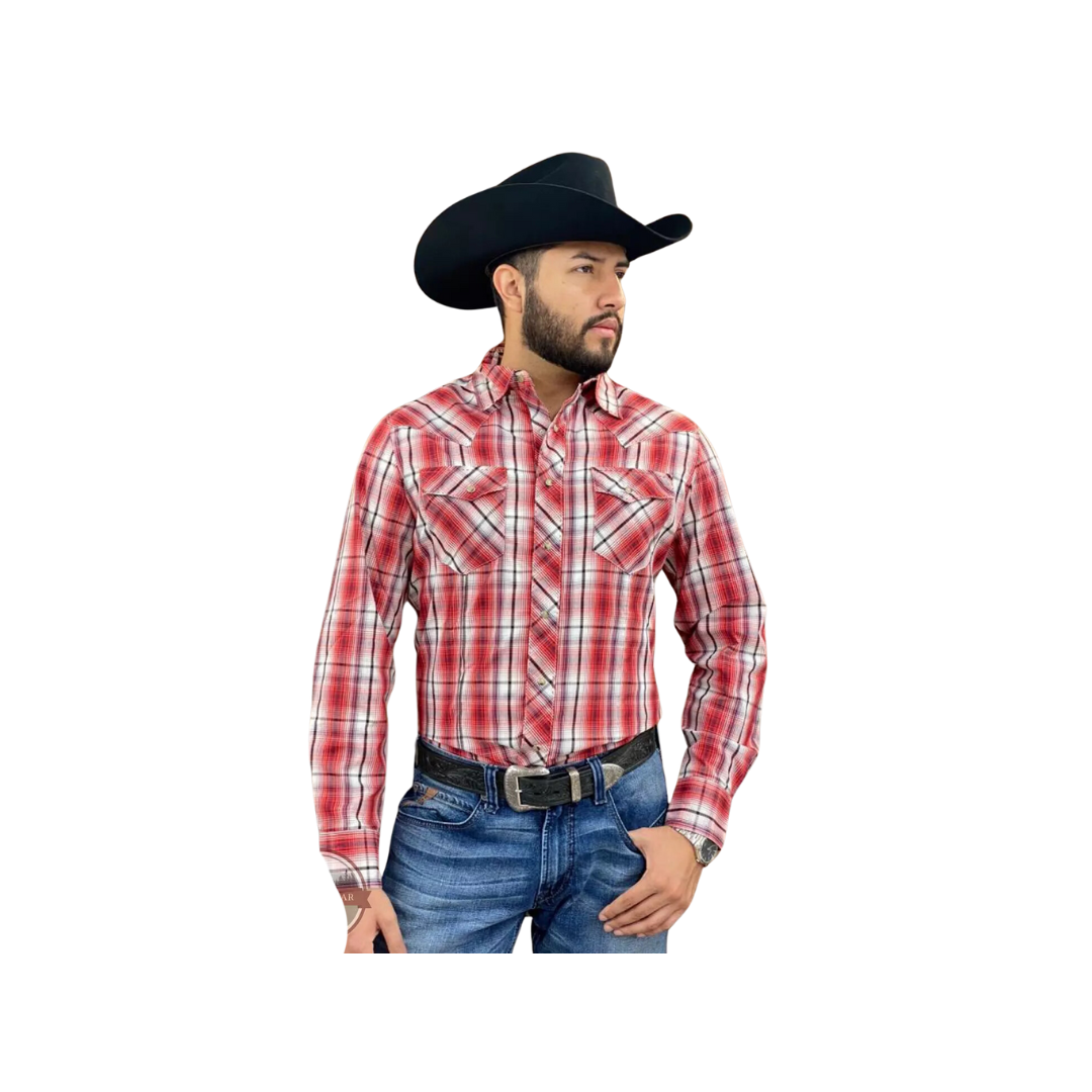Wrangler Men's Long Sleeve Snap In Plaid Red Shirt