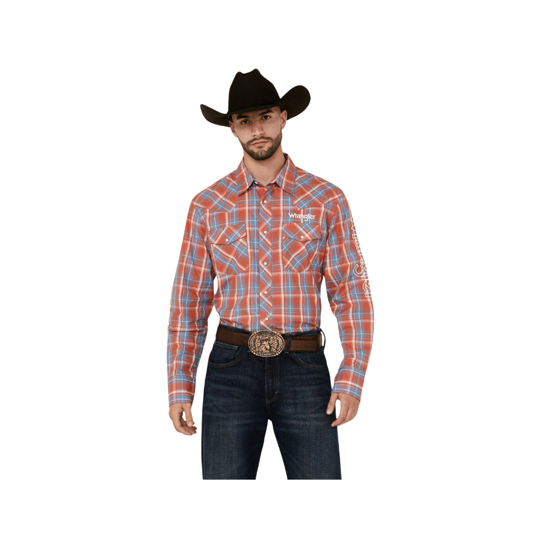 Wrangler Men's Western Logo Plaid Button Down Red Shirt