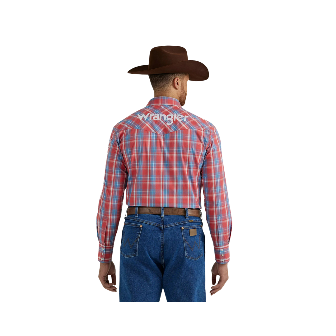 Wrangler Men's Western Logo Plaid Button Down Red Shirt