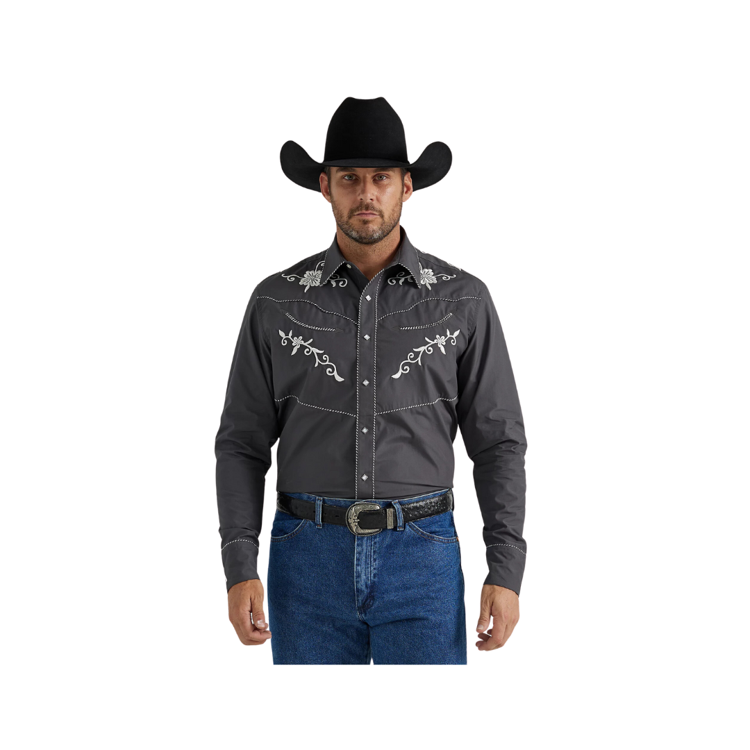 Wrangler Men's Rodeo Ben Western Snap Embroidered Grey Shirt