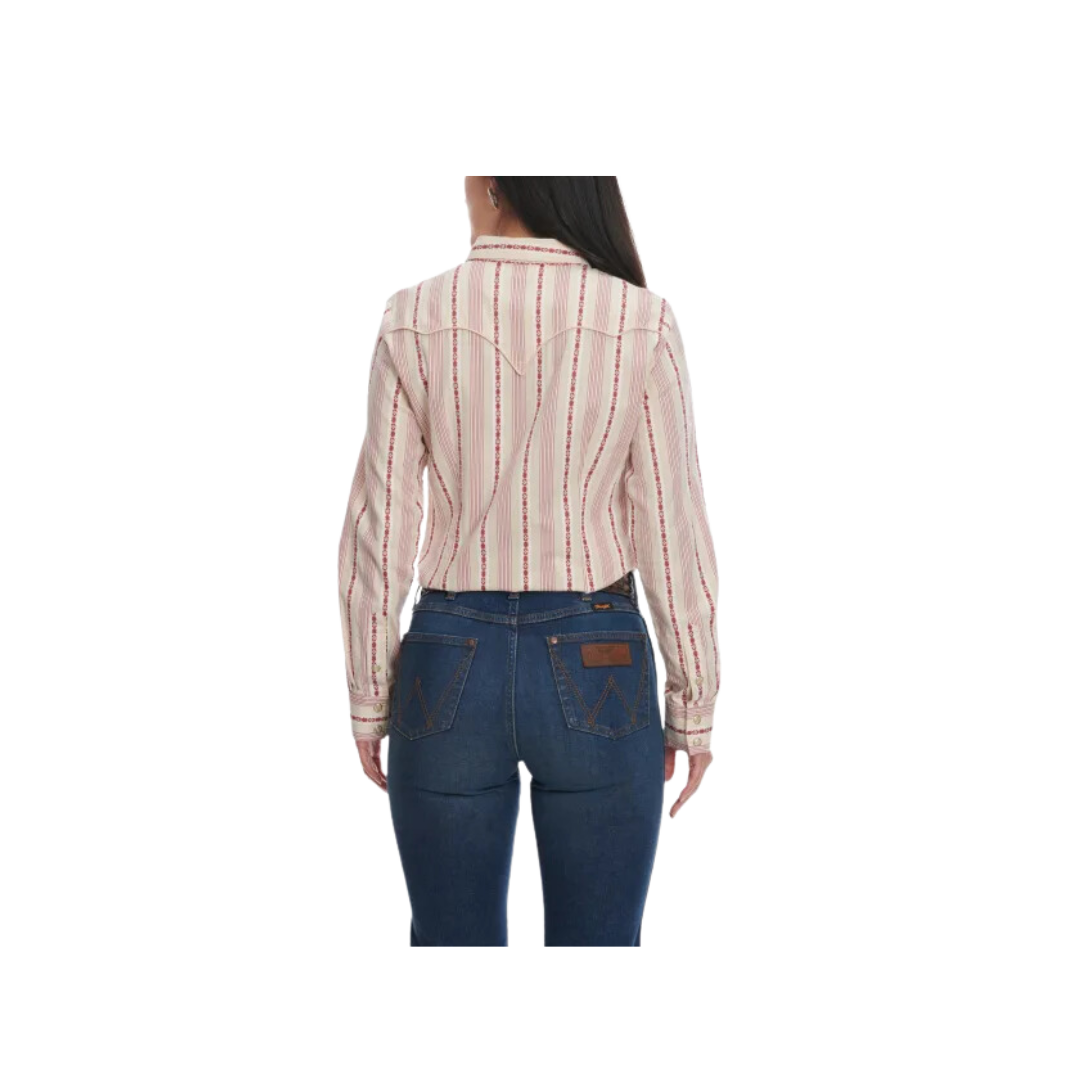 Wrangler Women's Retro Stripe Aztec Geo Embroidery Long Sleeve Western Sand Dark Dusty Rose Shirt