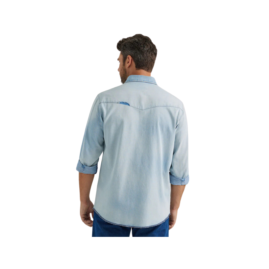 Wrangler Men's Vintage Inspired Western Snap Work Light Blue Wash Shirt